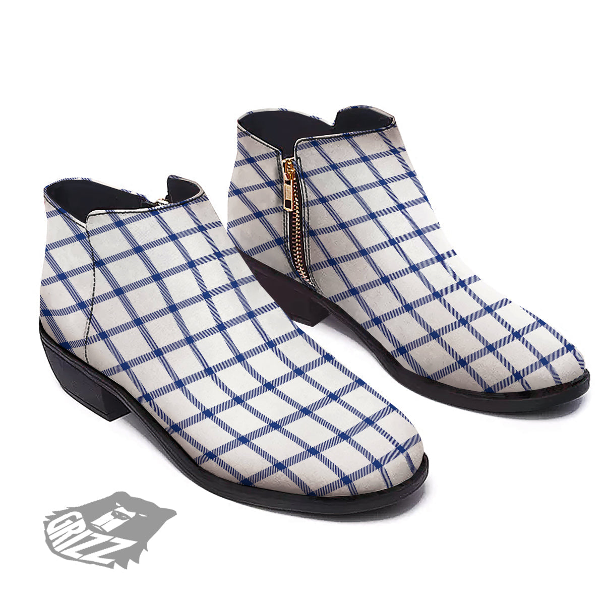 Tattersall Blue And White Print Pattern Ankle Boots-grizzshop