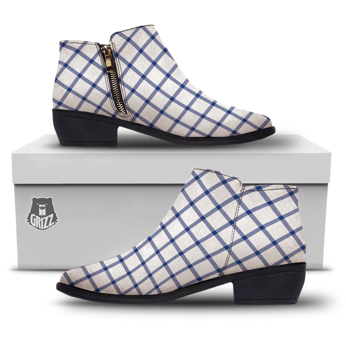 Tattersall Blue And White Print Pattern Ankle Boots-grizzshop