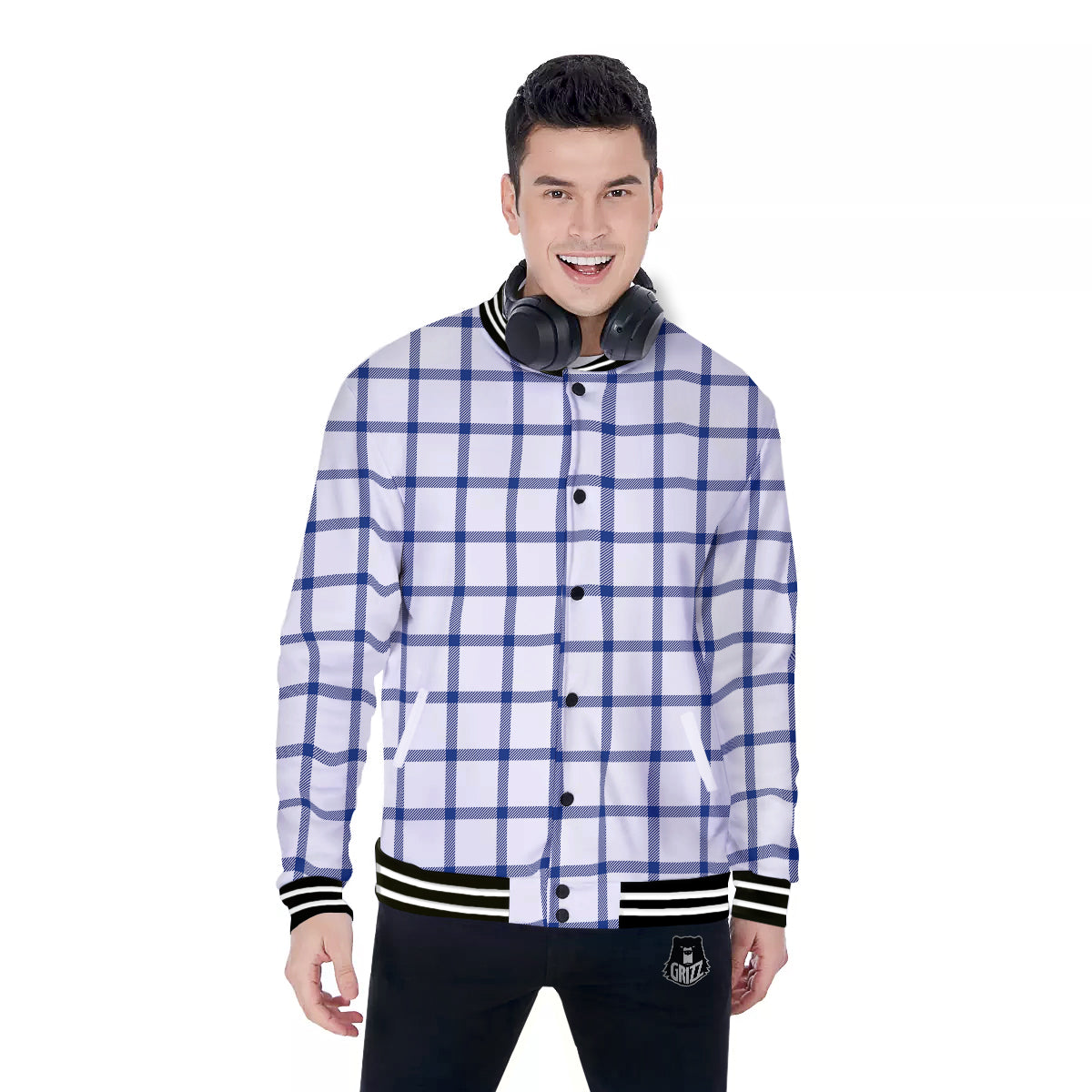 Tattersall Blue And White Print Pattern Baseball Jacket-grizzshop