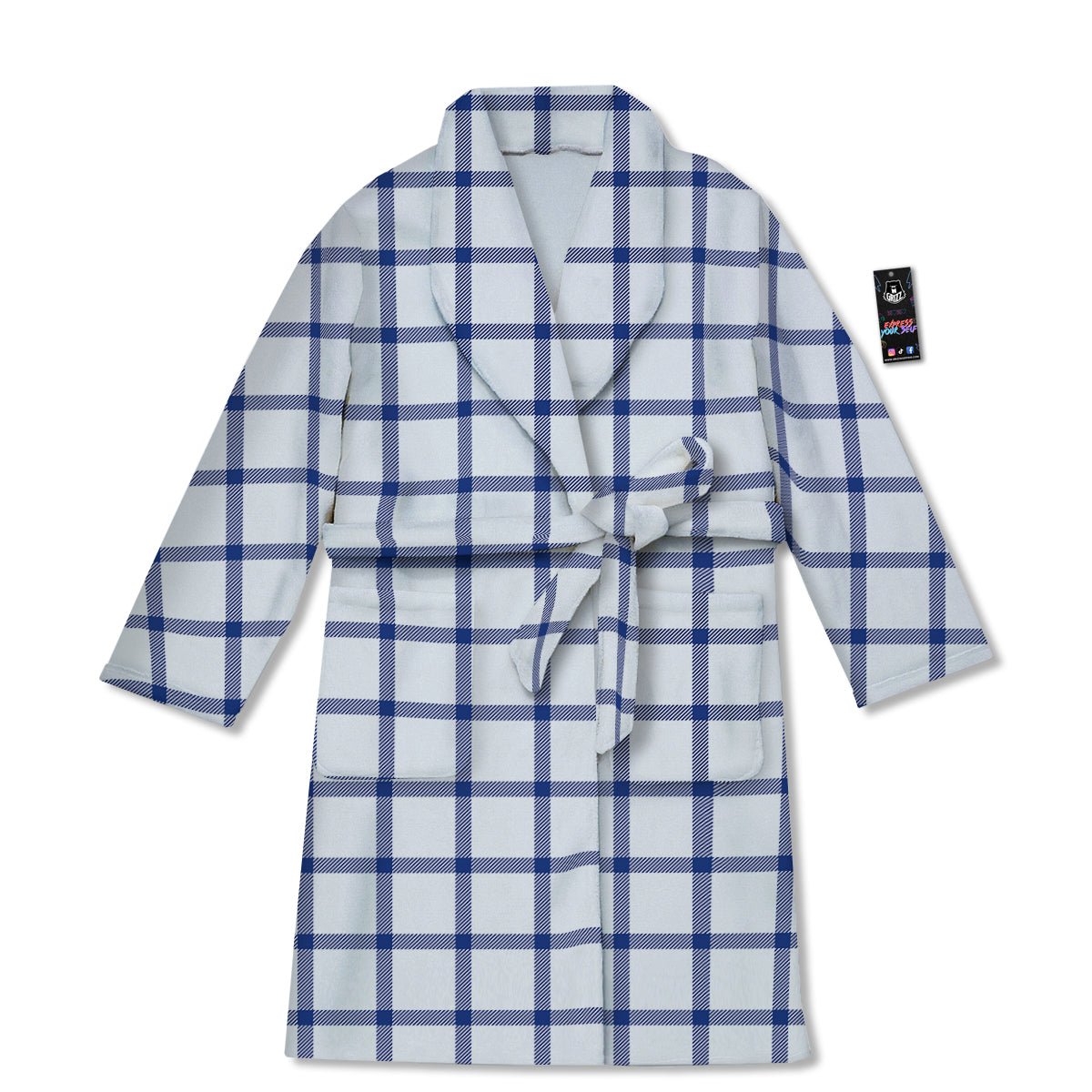 Tattersall Blue And White Print Pattern Bathrobe-grizzshop