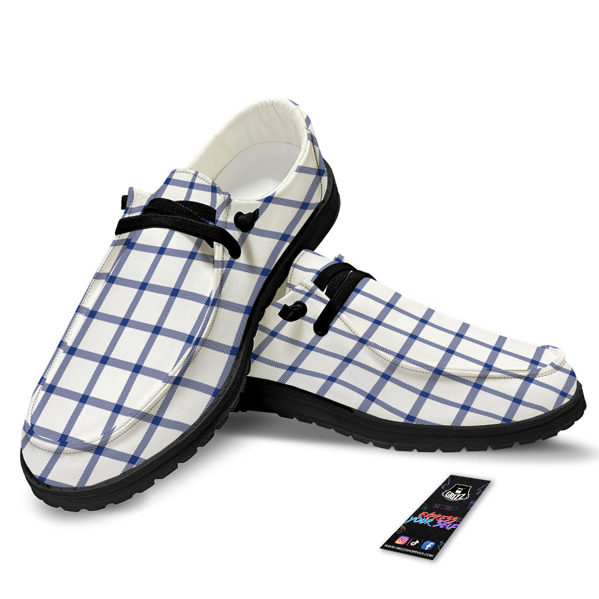 Tattersall Blue And White Print Pattern Black Loafers-grizzshop