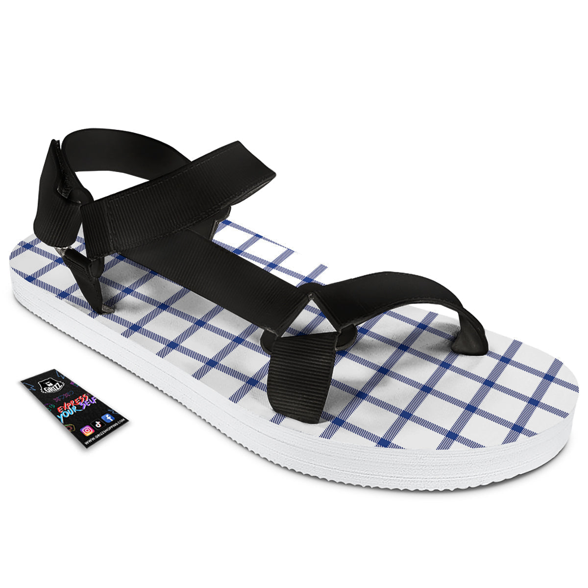 Tattersall Blue And White Print Pattern Black Open Toe Sandals-grizzshop