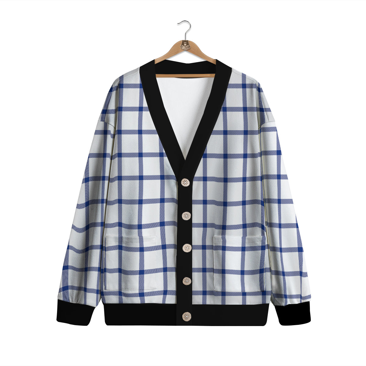 Tattersall Blue And White Print Pattern Cardigan-grizzshop