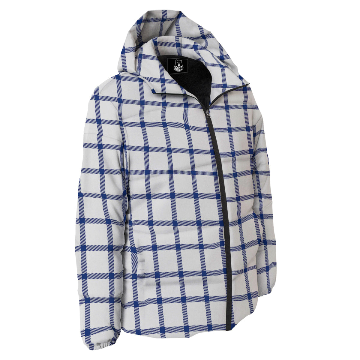 Tattersall Blue And White Print Pattern Down Jacket-grizzshop