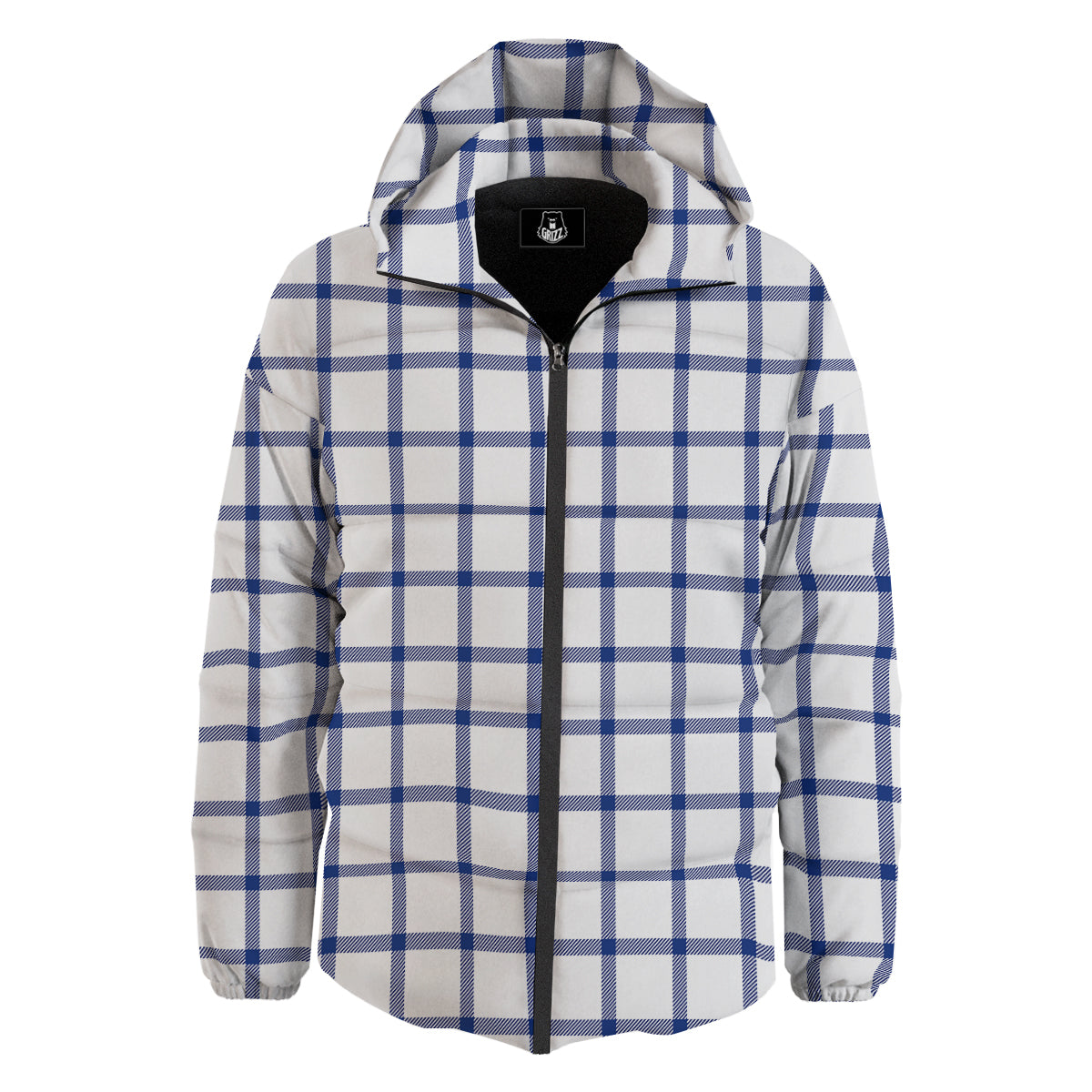 Tattersall Blue And White Print Pattern Down Jacket-grizzshop