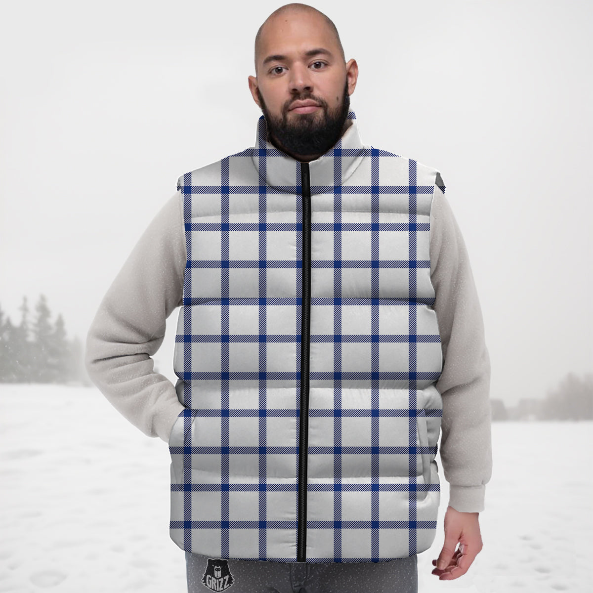 Tattersall Blue And White Print Pattern Down Vest