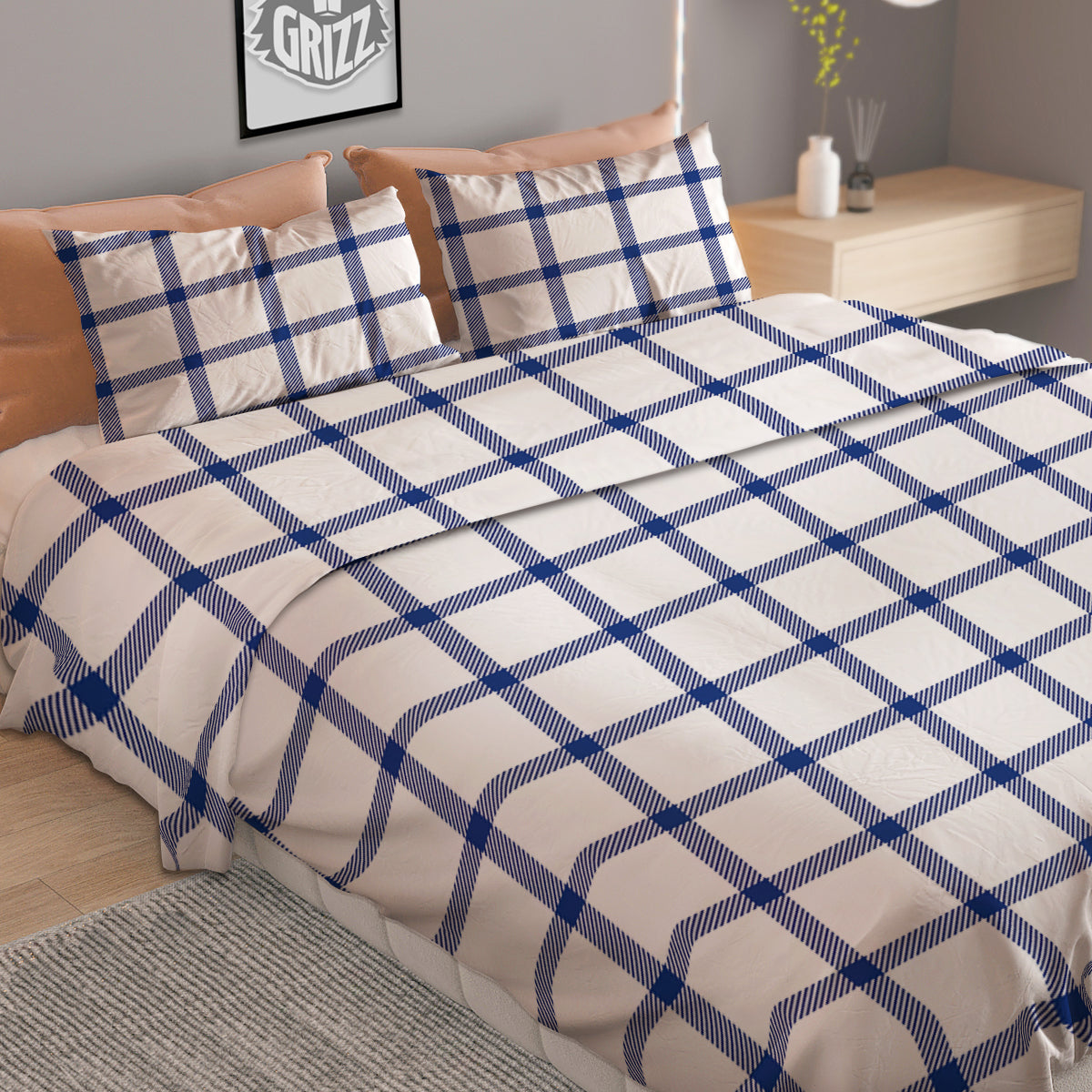Tattersall Blue And White Print Pattern Duvet Cover Bedding Set