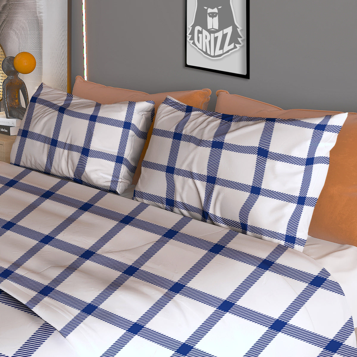 Tattersall Blue And White Print Pattern Duvet Cover Bedding Set