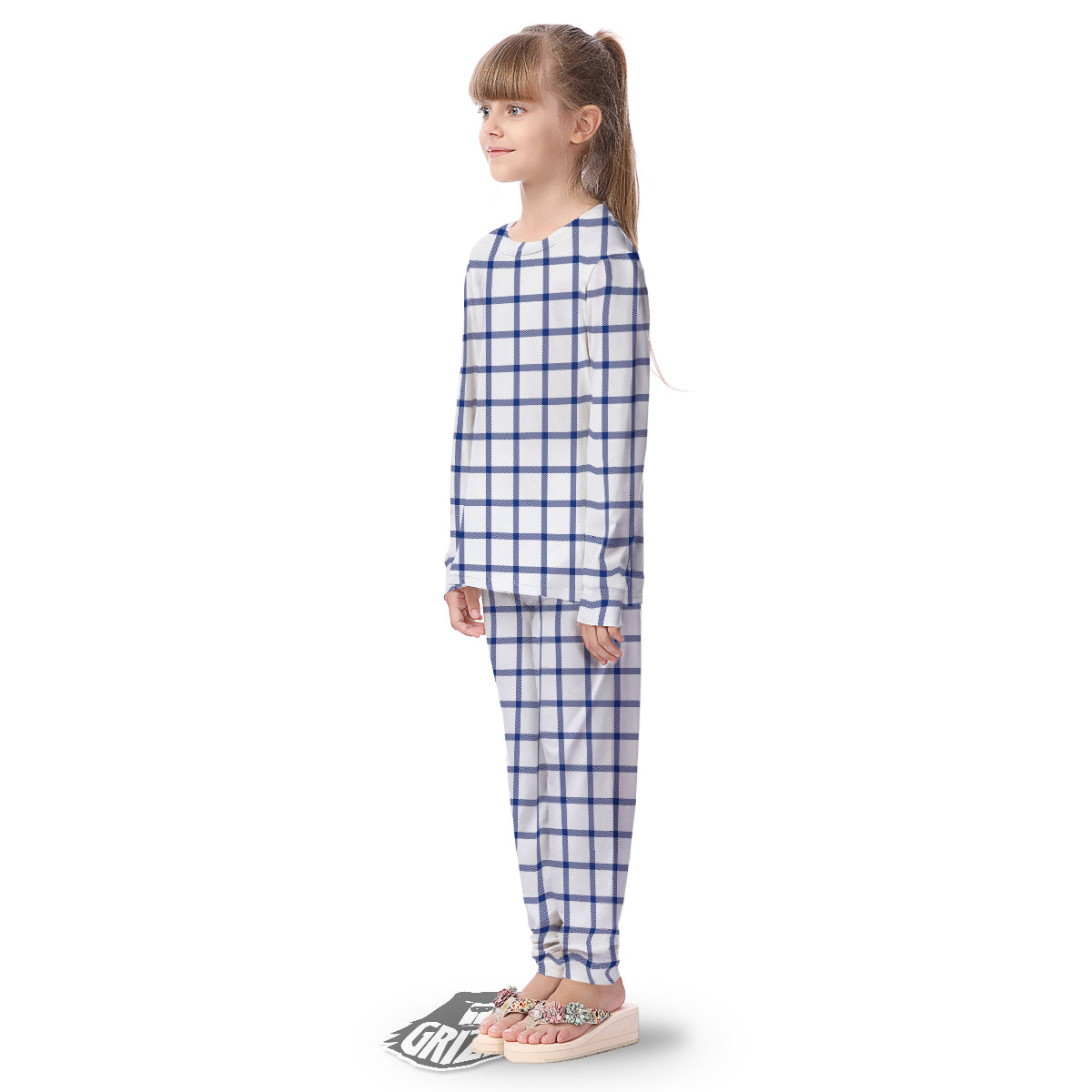 Tattersall Blue And White Print Pattern Kid's Pajamas-grizzshop