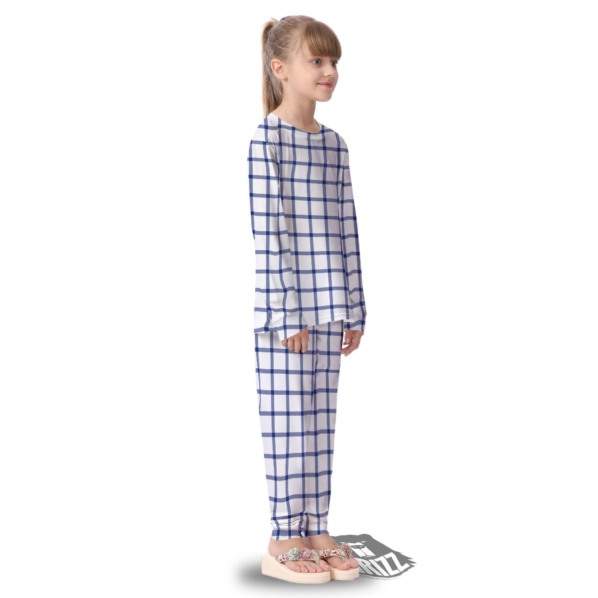 Tattersall Blue And White Print Pattern Kid's Pajamas-grizzshop