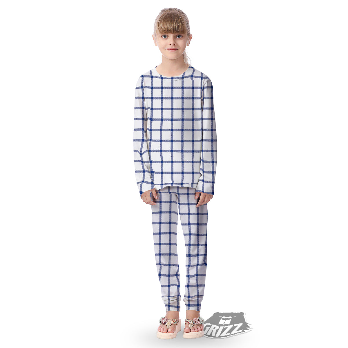 Tattersall Blue And White Print Pattern Kid's Pajamas-grizzshop