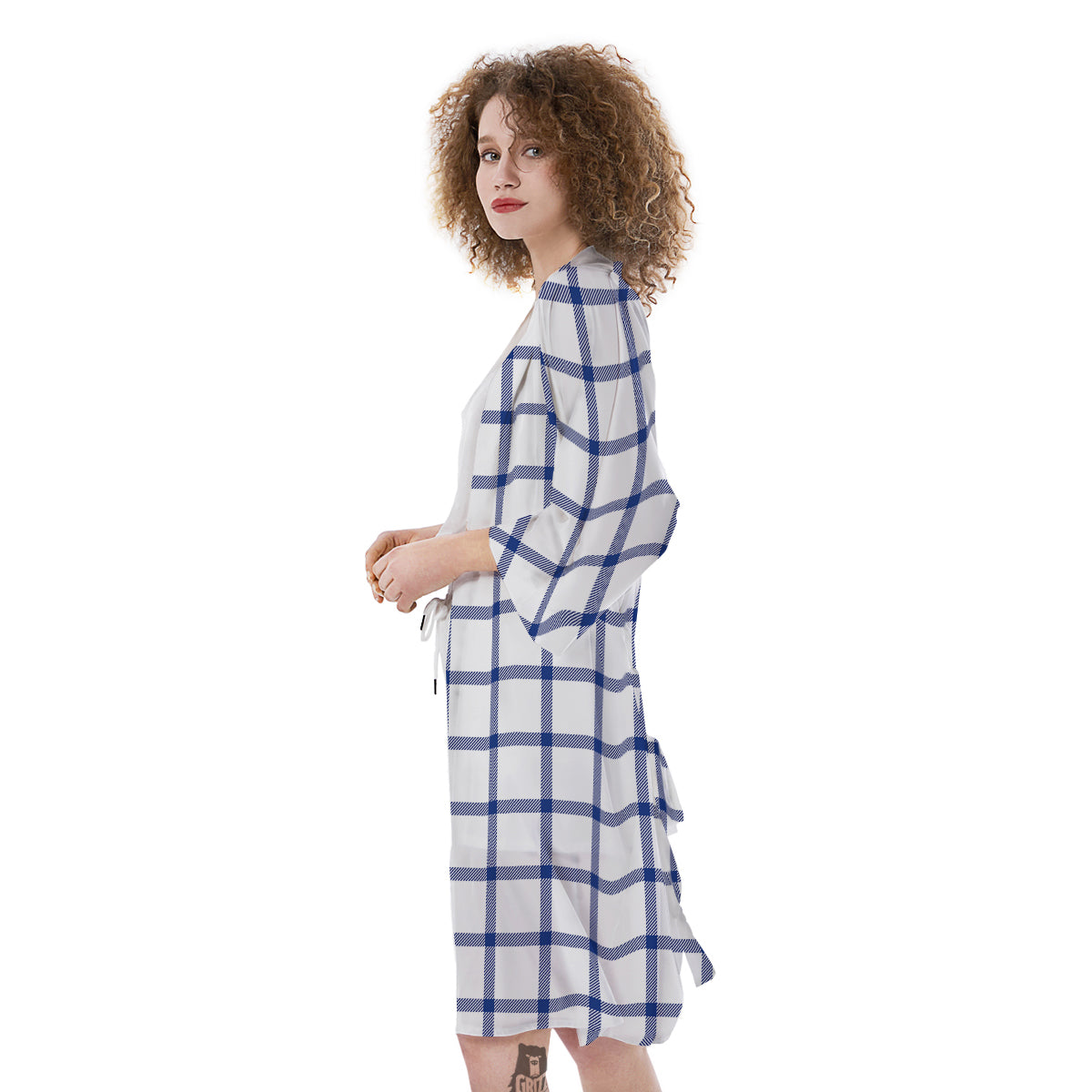 Tattersall Blue And White Print Pattern Kimono-grizzshop