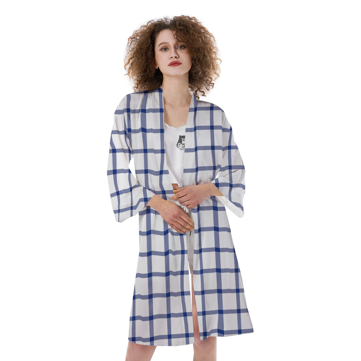 Tattersall Blue And White Print Pattern Kimono-grizzshop