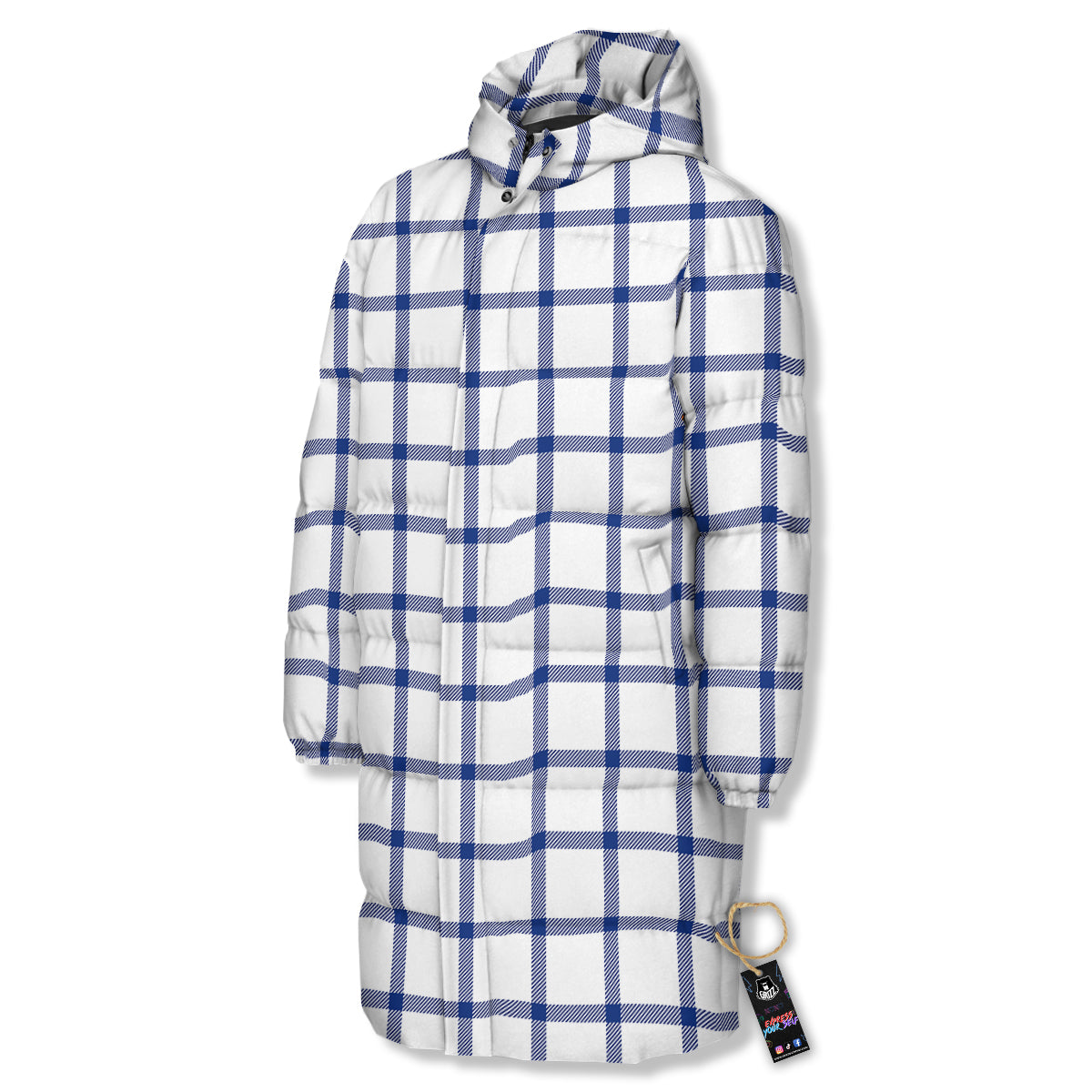 Tattersall Blue And White Print Pattern Long Down Jacket-grizzshop