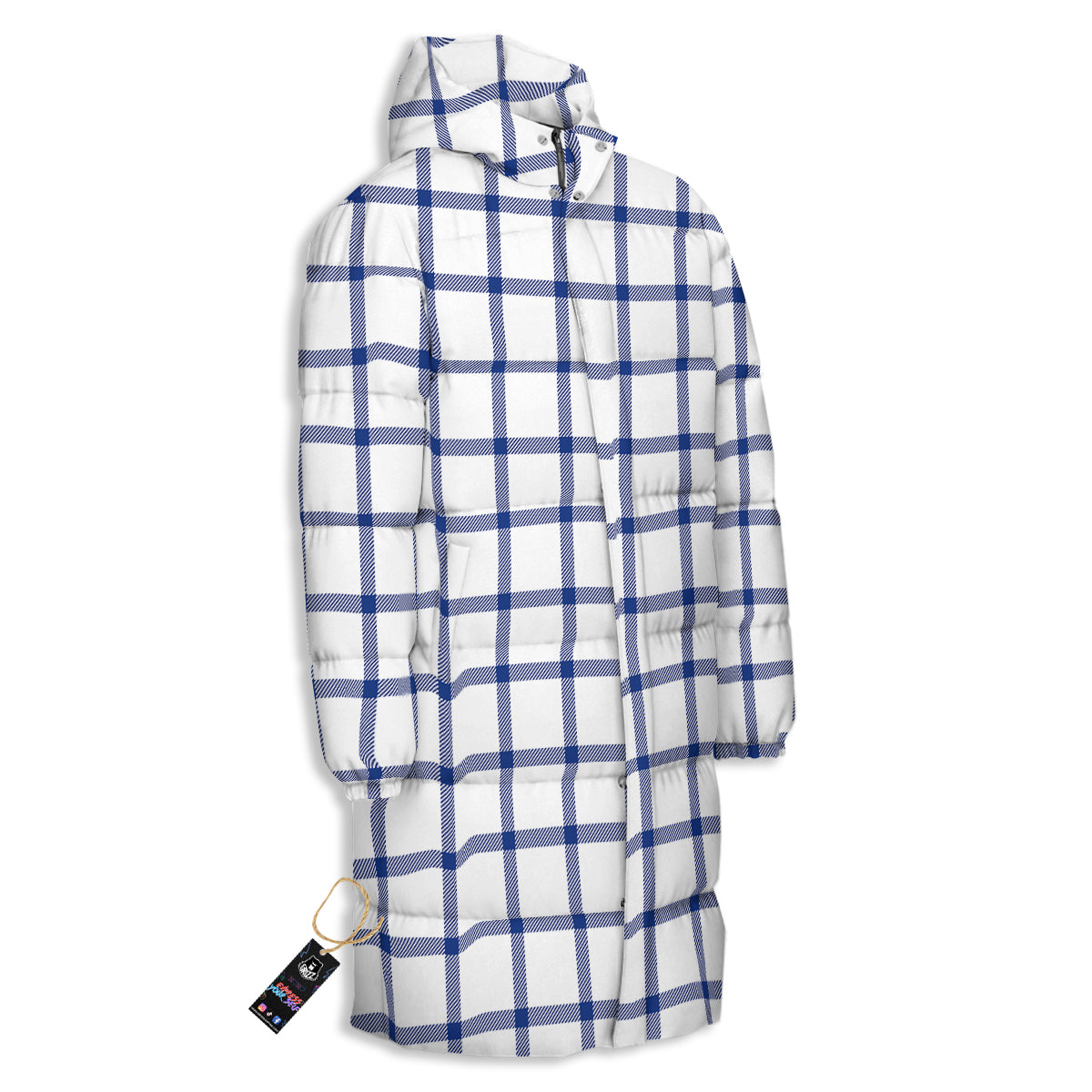 Tattersall Blue And White Print Pattern Long Down Jacket-grizzshop