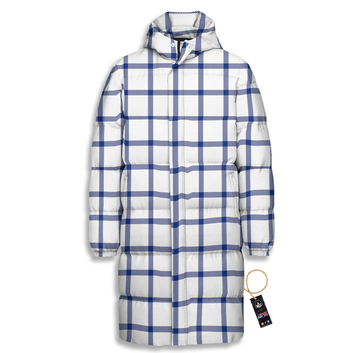 Tattersall Blue And White Print Pattern Long Down Jacket-grizzshop