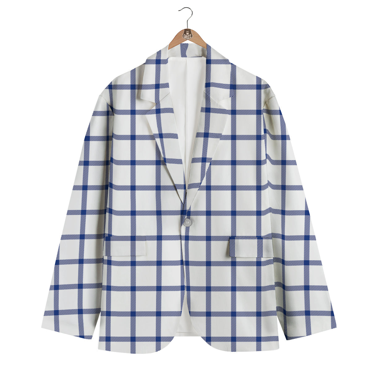 Tattersall Blue And White Print Pattern Men's Blazer-grizzshop