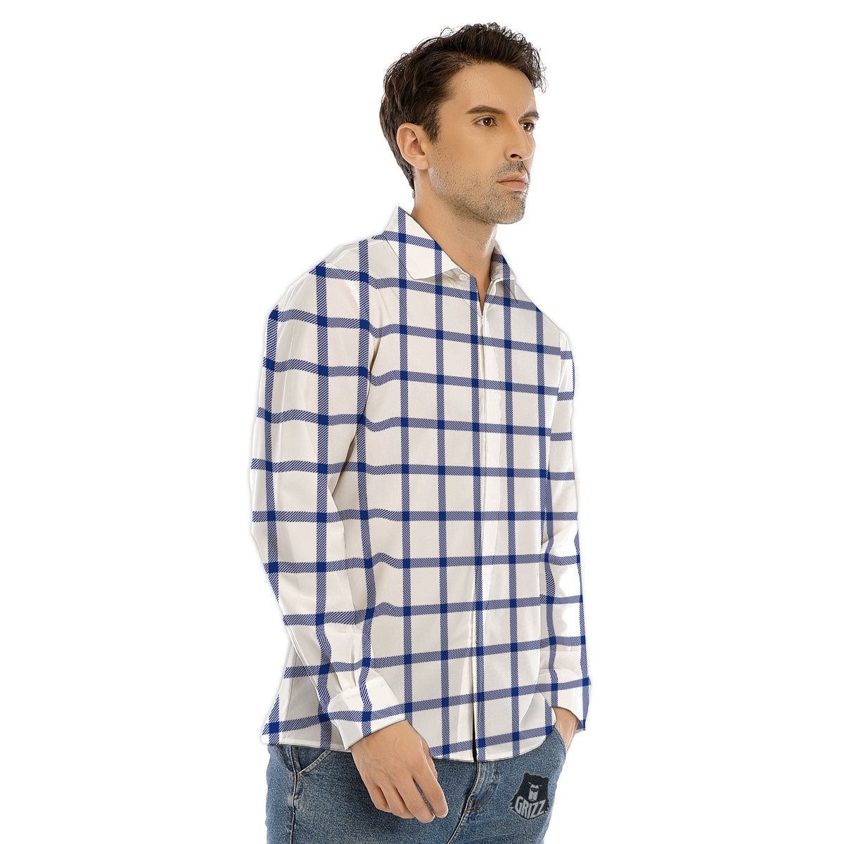 Tattersall Blue And White Print Pattern Men's Dress Shirts-grizzshop