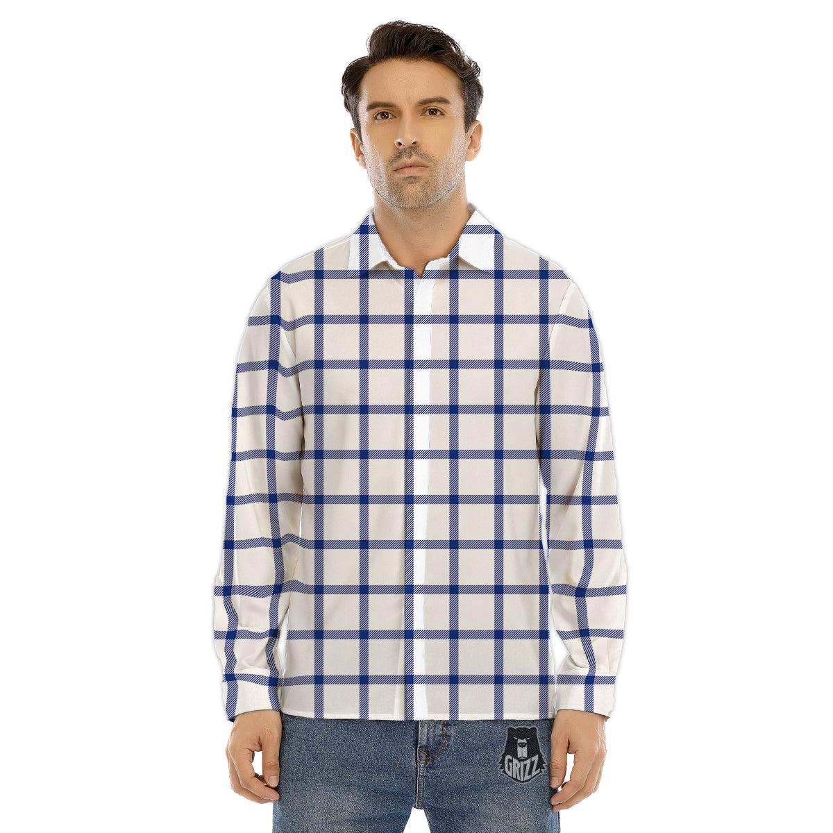 Tattersall Blue And White Print Pattern Men's Dress Shirts-grizzshop
