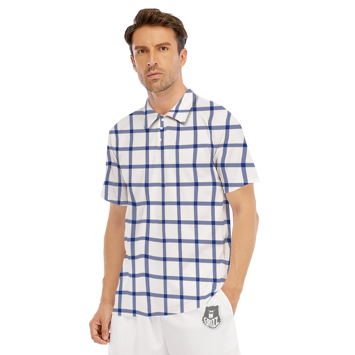 Tattersall Blue And White Print Pattern Men's Golf Shirts-grizzshop