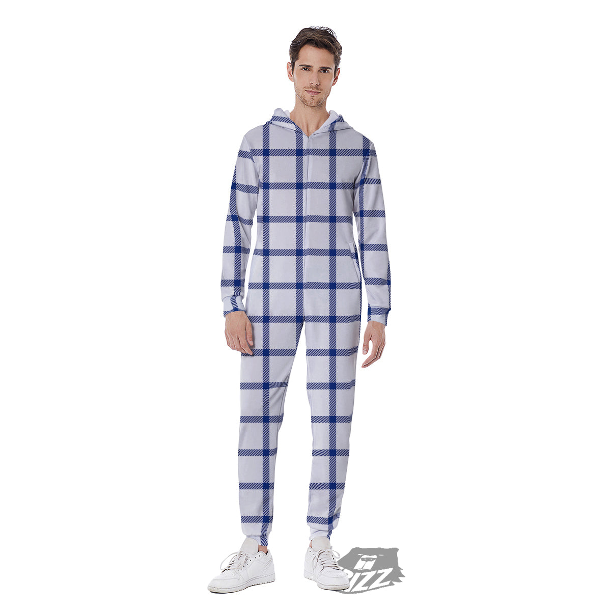 Tattersall Blue And White Print Pattern Men's Jumpsuit-grizzshop