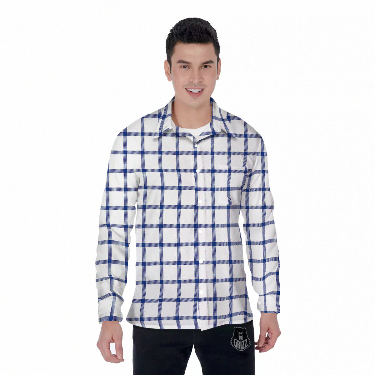 Tattersall Blue And White Print Pattern Men's Long Sleeve Shirts-grizzshop