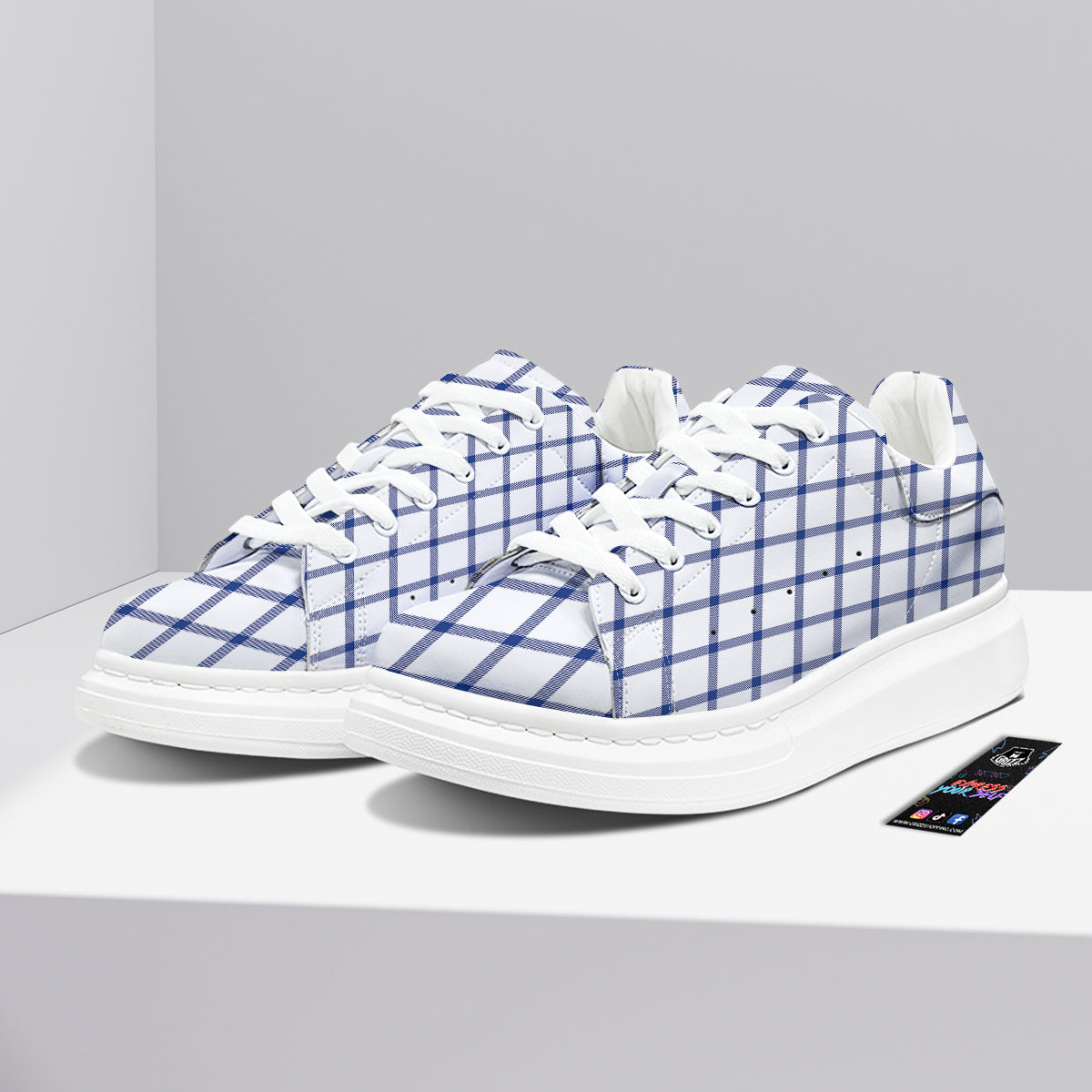 Tattersall Blue And White Print Pattern Platform Shoes-grizzshop