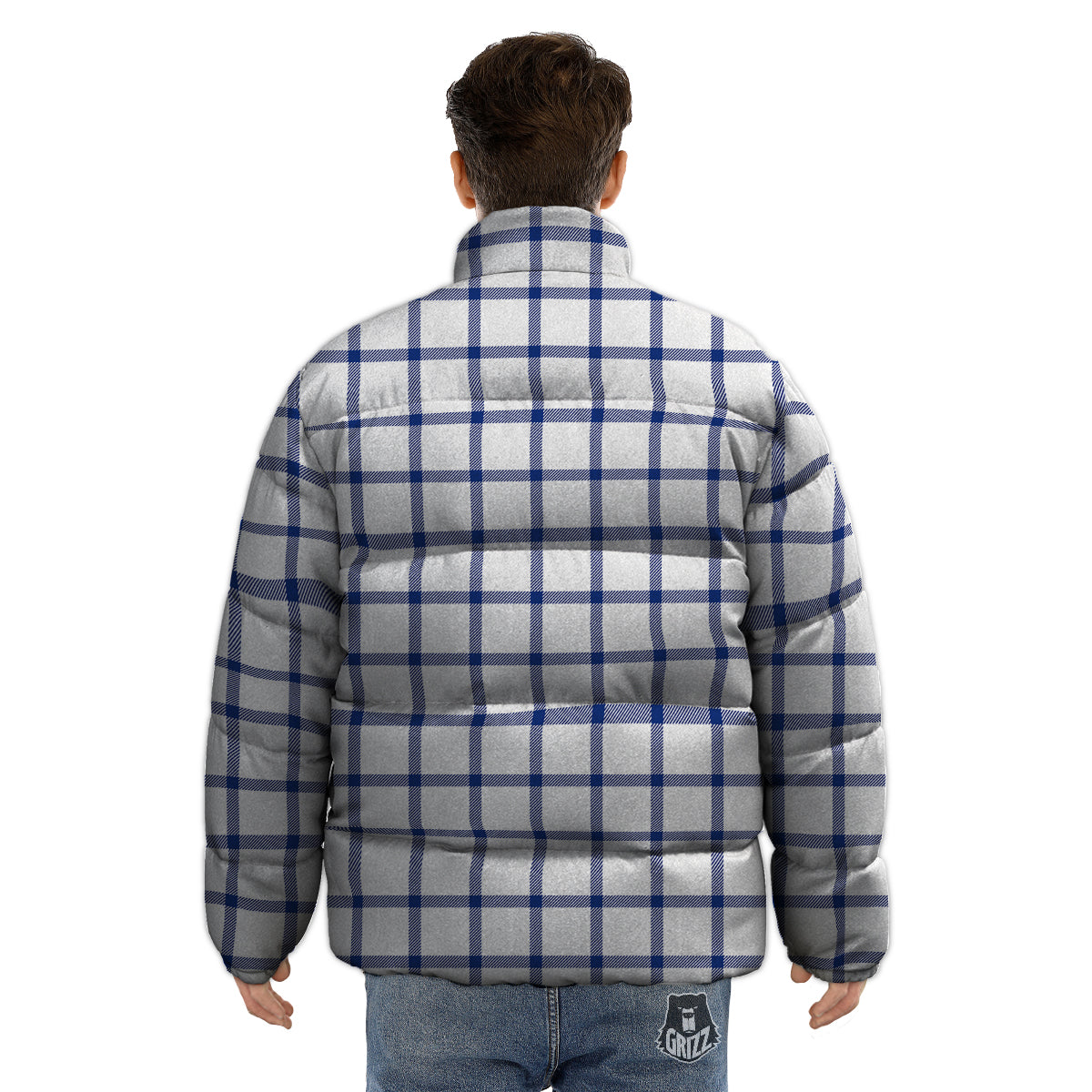 Tattersall Blue And White Print Pattern Puffer Jacket-grizzshop