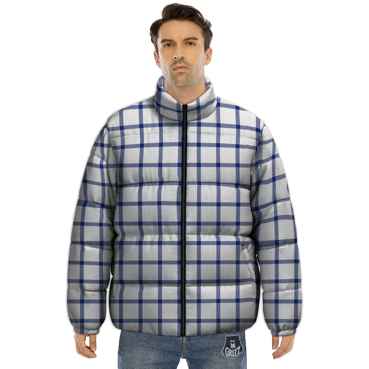 Tattersall Blue And White Print Pattern Puffer Jacket-grizzshop