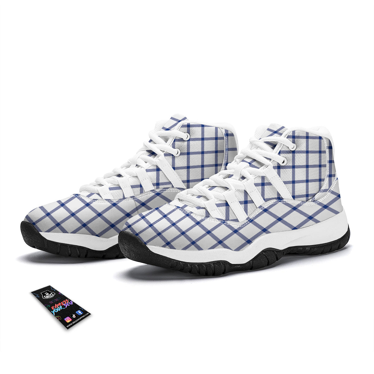 Tattersall Blue And White Print Pattern White Bball Shoes-grizzshop