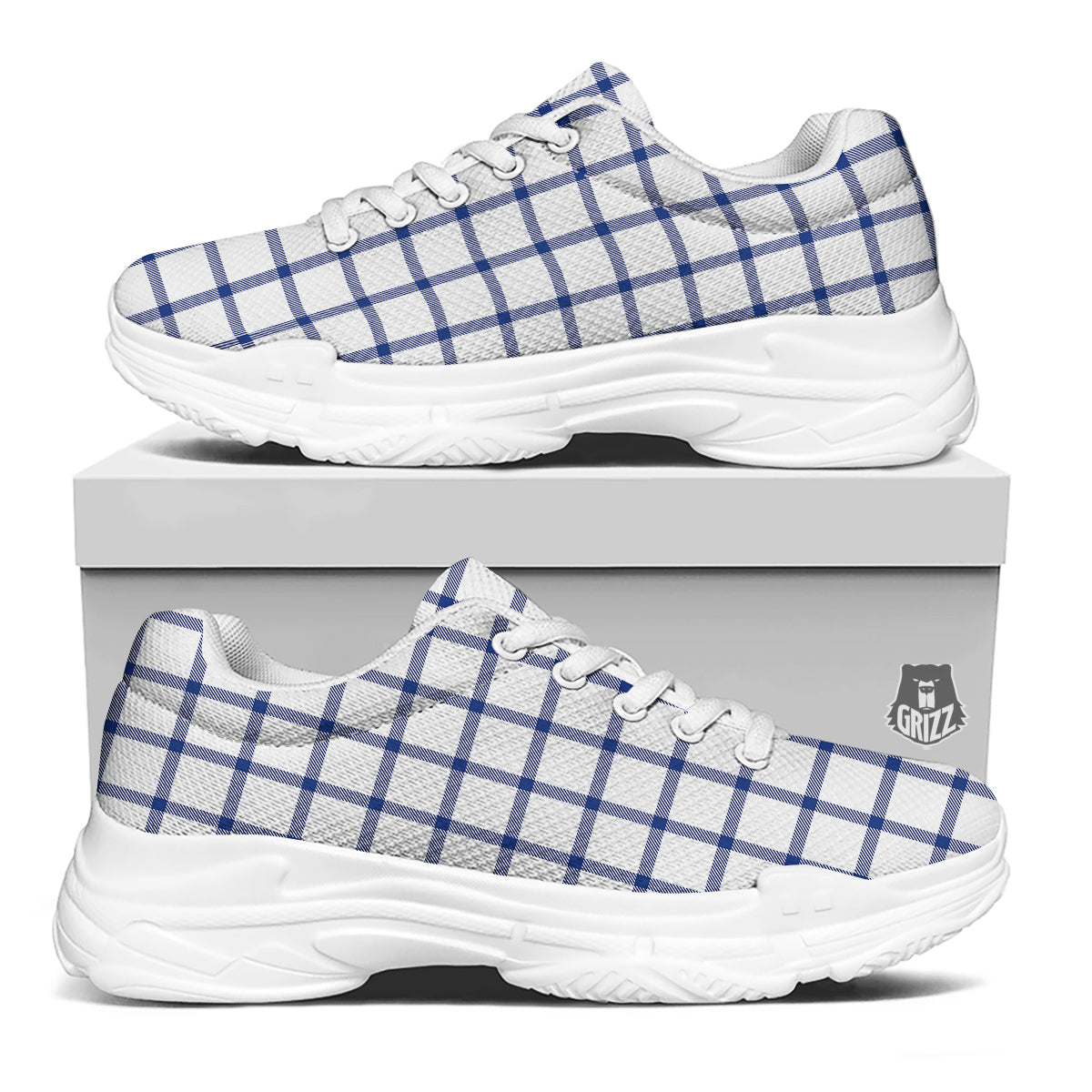 Tattersall Blue And White Print Pattern White Chunky Shoes-grizzshop