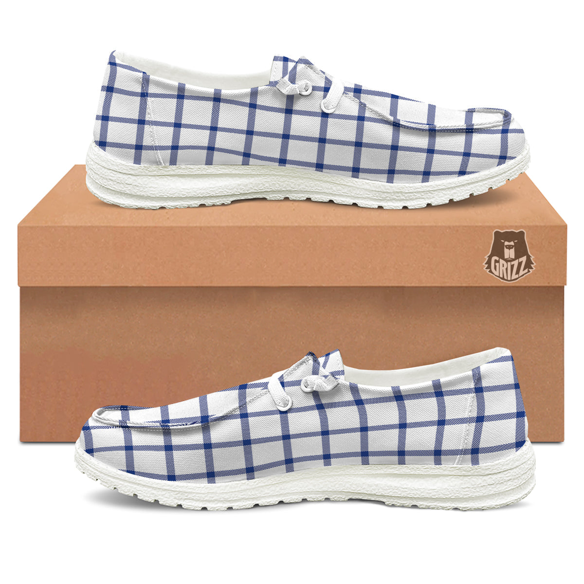 Tattersall Blue And White Print Pattern White Loafers-grizzshop