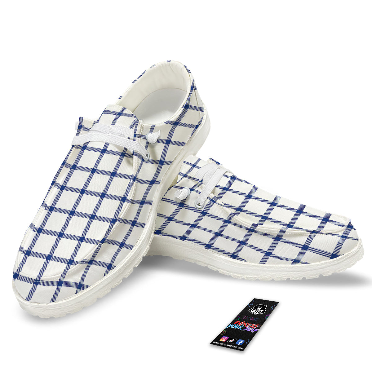 Tattersall Blue And White Print Pattern White Loafers-grizzshop