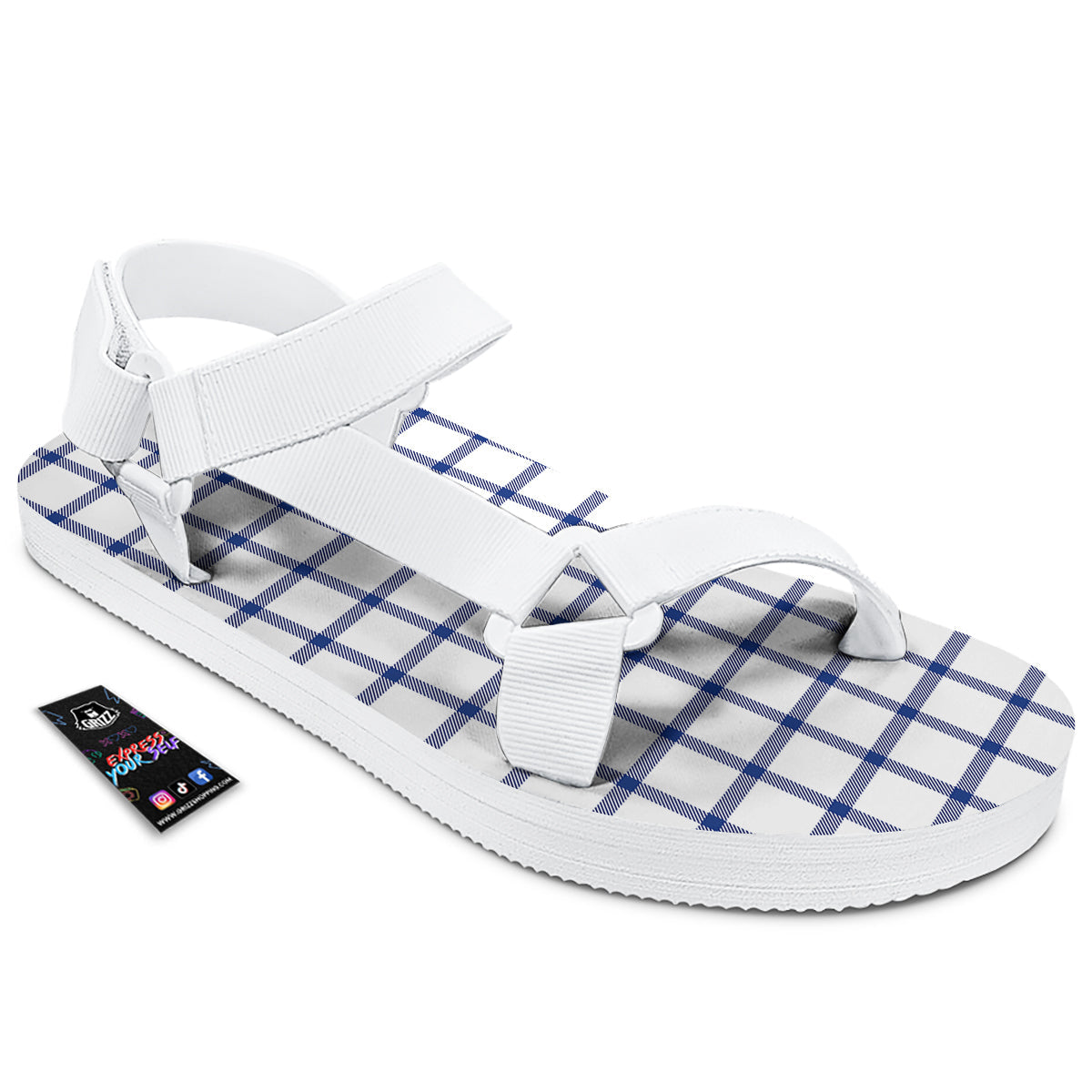 Tattersall Blue And White Print Pattern White Open Toe Sandals-grizzshop