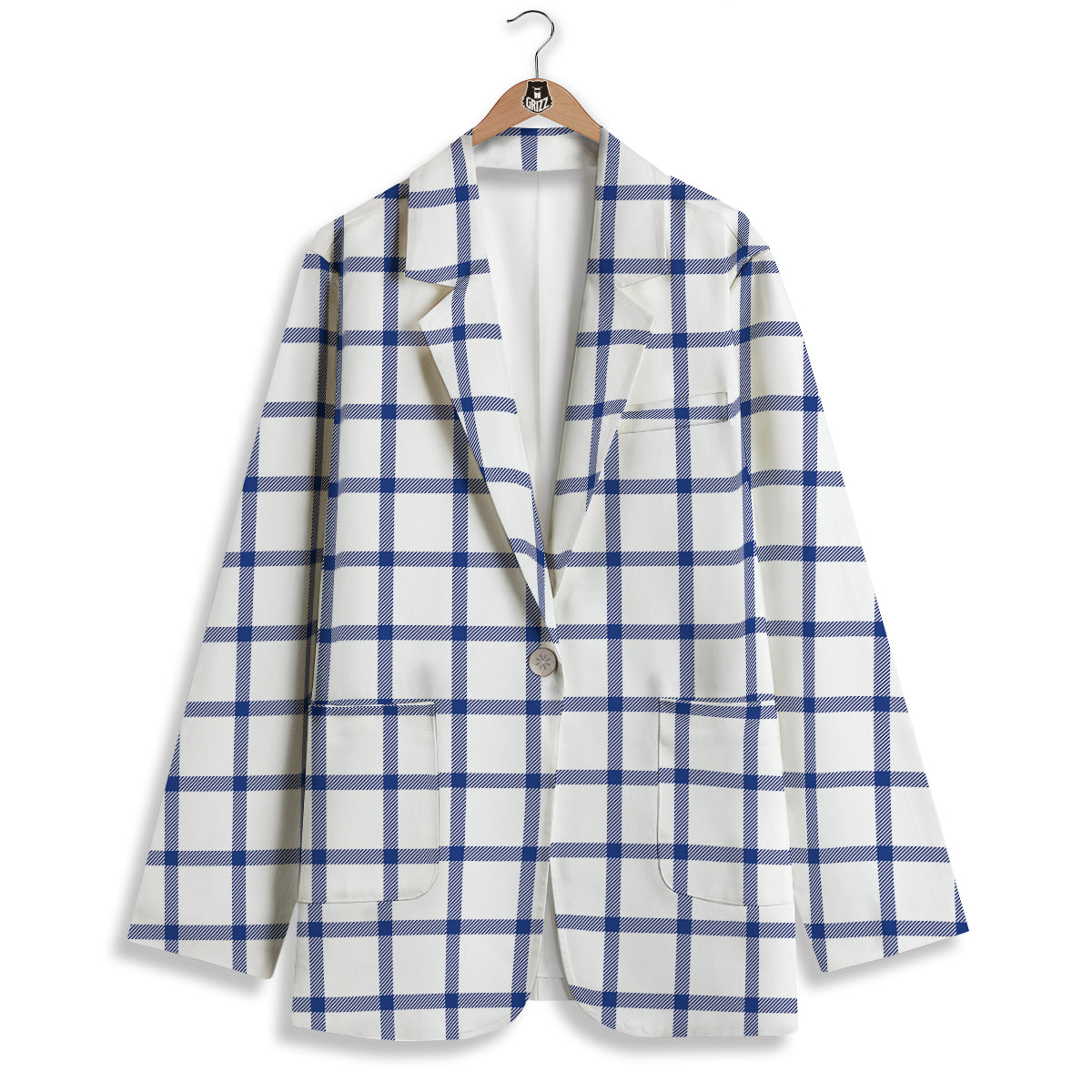 Tattersall Blue And White Print Pattern Women's Blazer-grizzshop