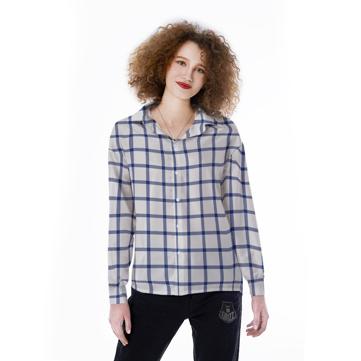 Tattersall Blue And White Print Pattern Women's Long Sleeve Shirts-grizzshop