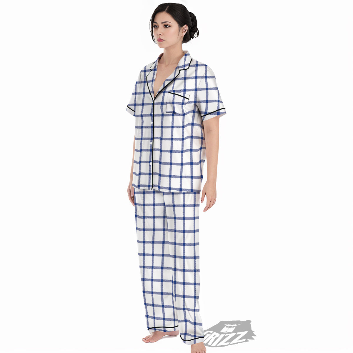 Tattersall Blue And White Print Pattern Women's Pajamas Set-grizzshop