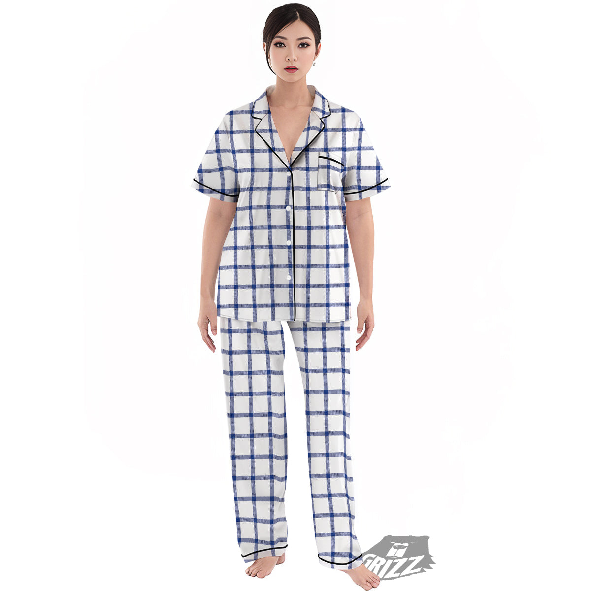 Tattersall Blue And White Print Pattern Women's Pajamas Set-grizzshop