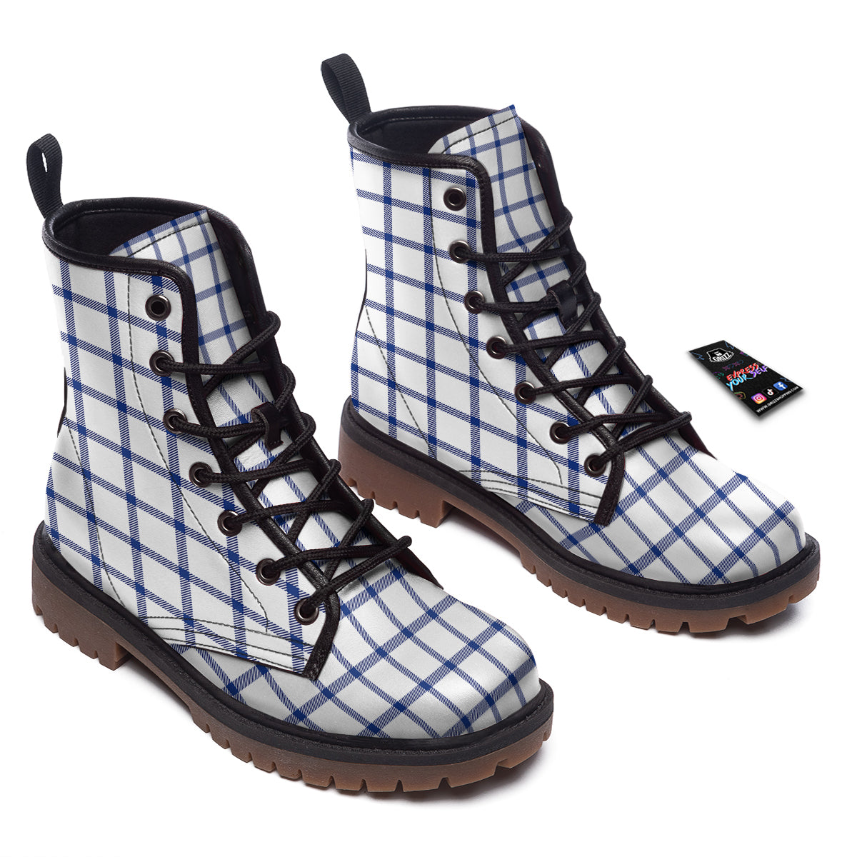 Tattersall Blue And White Print Pattern Work Boots-grizzshop