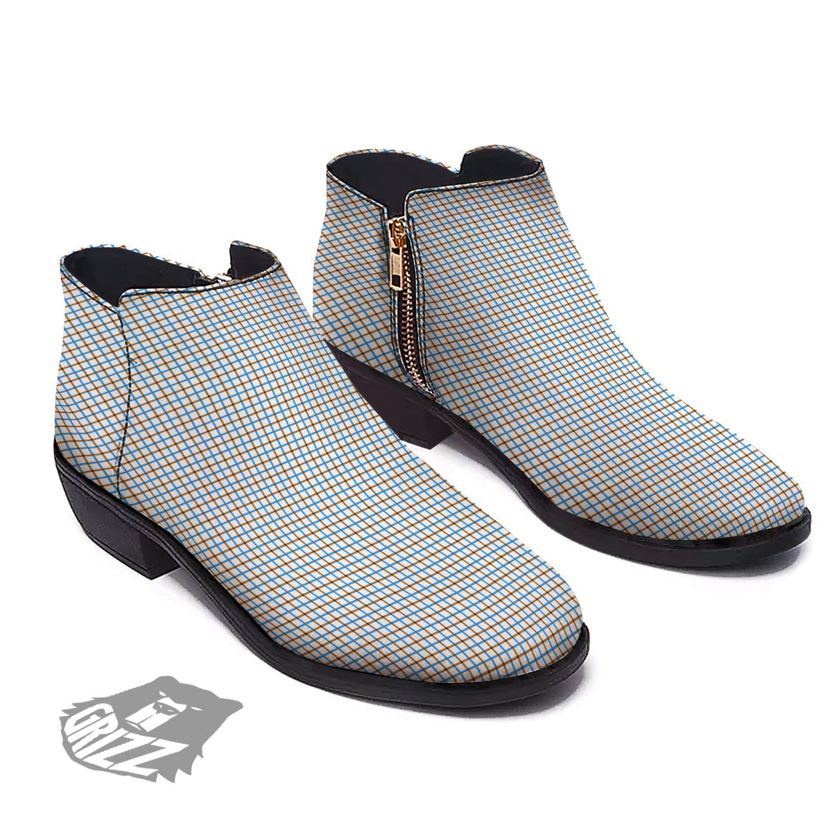 Tattersall Brown And Blue Print Pattern Ankle Boots-grizzshop