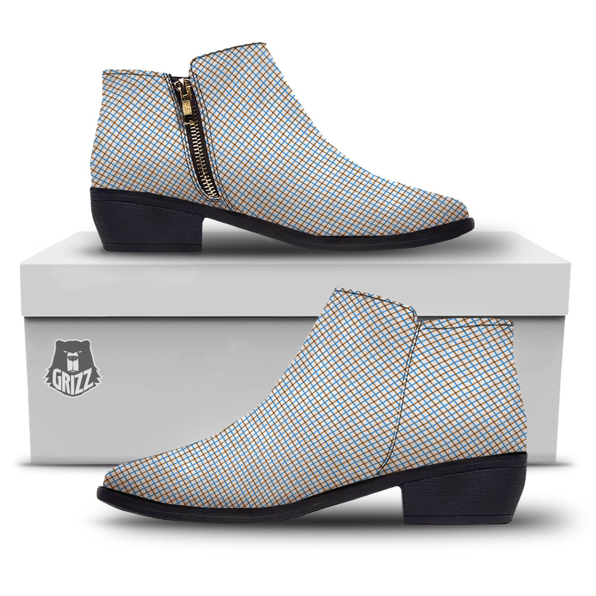 Tattersall Brown And Blue Print Pattern Ankle Boots-grizzshop