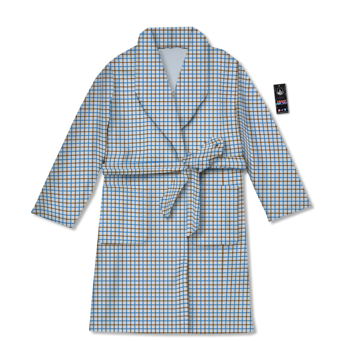 Tattersall Brown And Blue Print Pattern Bathrobe-grizzshop