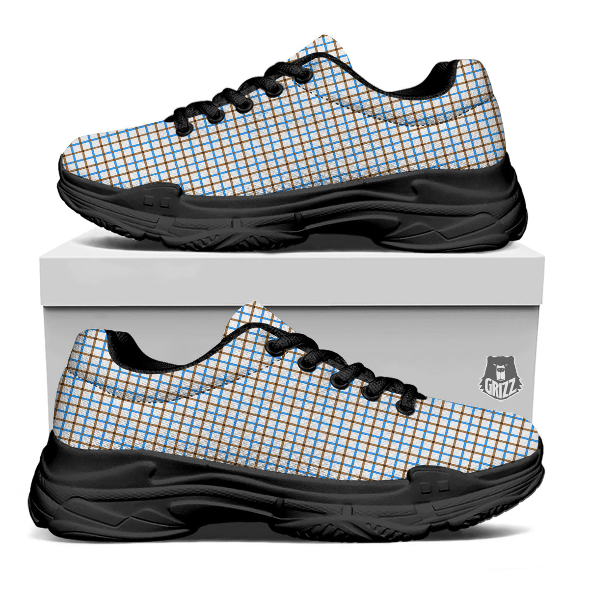 Tattersall Brown And Blue Print Pattern Black Chunky Shoes-grizzshop