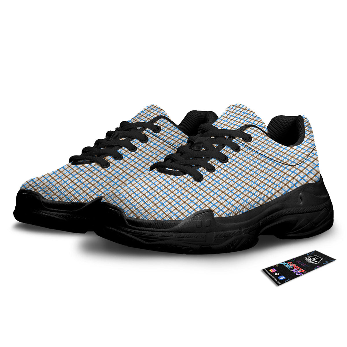 Tattersall Brown And Blue Print Pattern Black Chunky Shoes-grizzshop