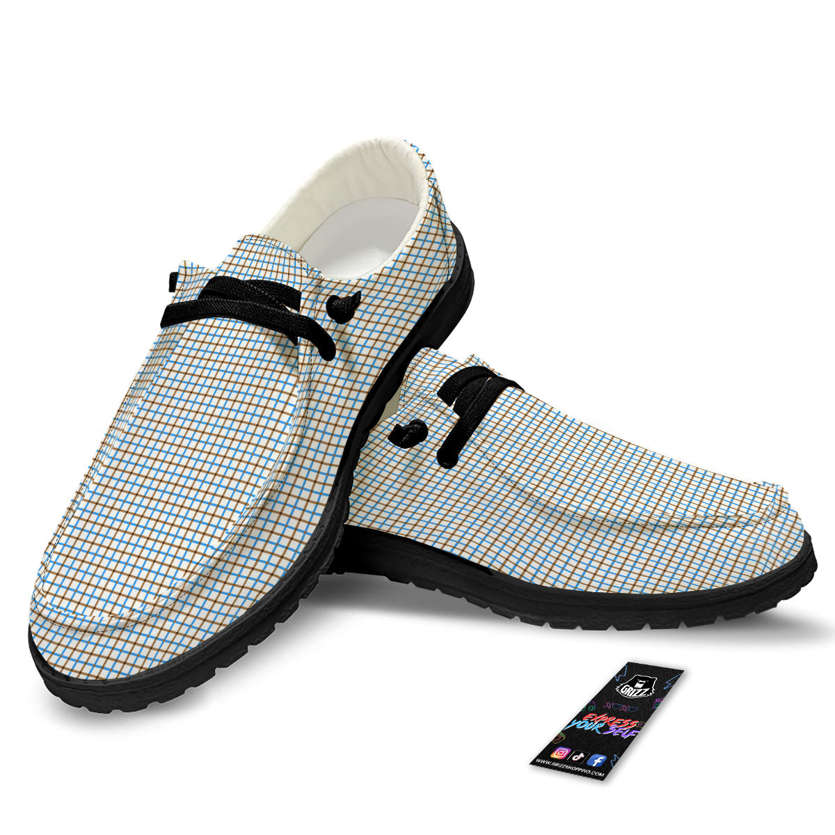 Tattersall Brown And Blue Print Pattern Black Loafers-grizzshop