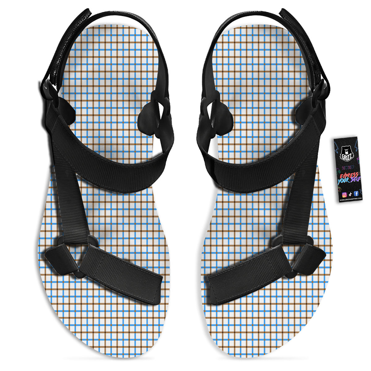 Tattersall Brown And Blue Print Pattern Black Open Toe Sandals-grizzshop