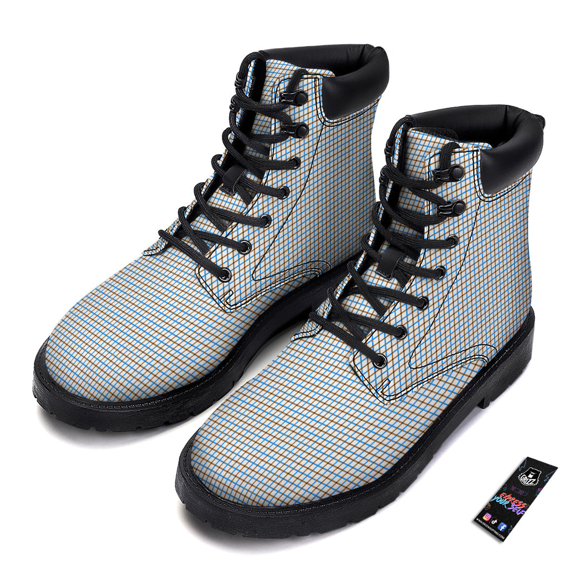 Tattersall Brown And Blue Print Pattern Boots-grizzshop