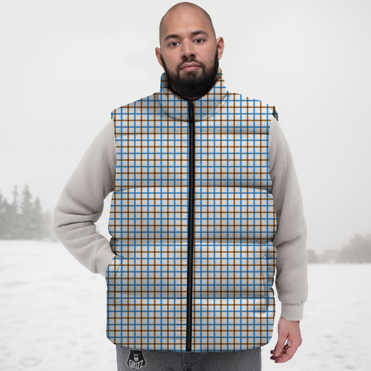 Tattersall Brown And Blue Print Pattern Down Vest