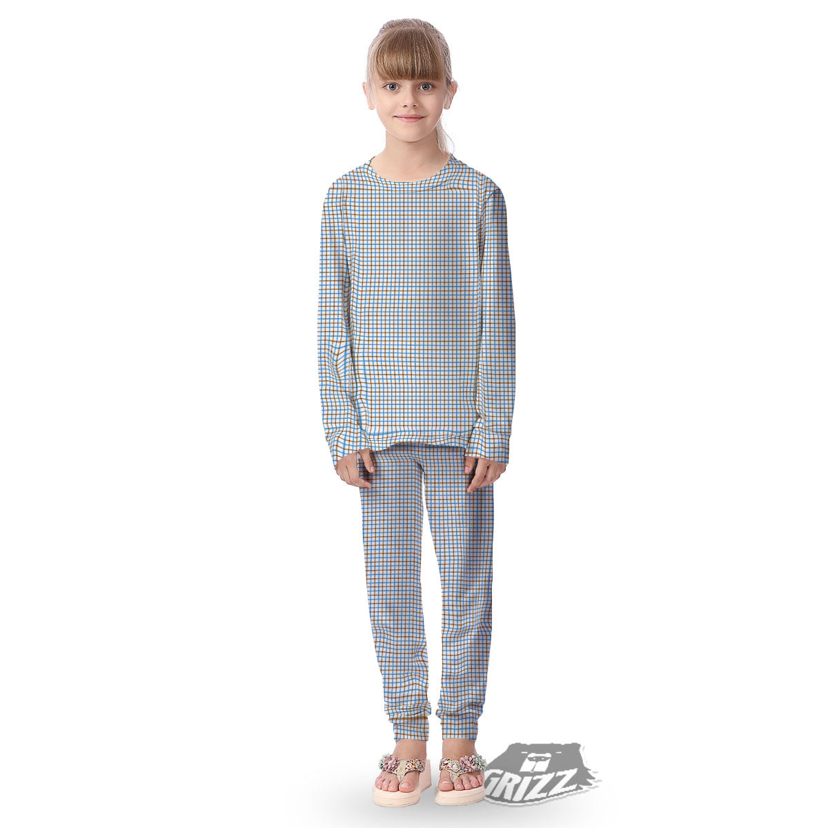 Tattersall Brown And Blue Print Pattern Kid's Pajamas-grizzshop