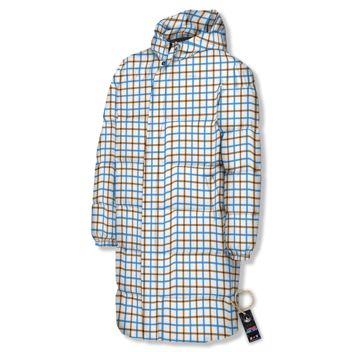 Tattersall Brown And Blue Print Pattern Long Down Jacket-grizzshop